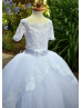 Off Shoulder White Lace Tulle Floor Length Flower Girl Dress